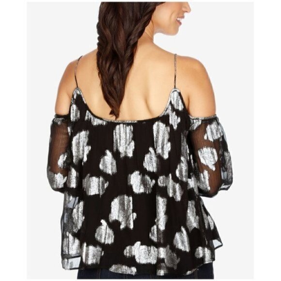 Lucky Brand Blouse XS NWT Off Shoulder Floral Silver Metallic - Picture 11 of 13